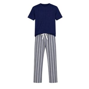 Hanes Men’s Short Sleeve Crew & Woven Pajama Pants Set – Navy/Stripe